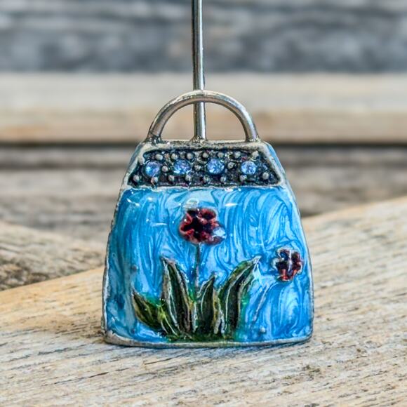 Set of 5, Pier 1 Blue Enamel Floral Purse w Rhinestones-Photo/Place Card Holders - Picture 5 of 7